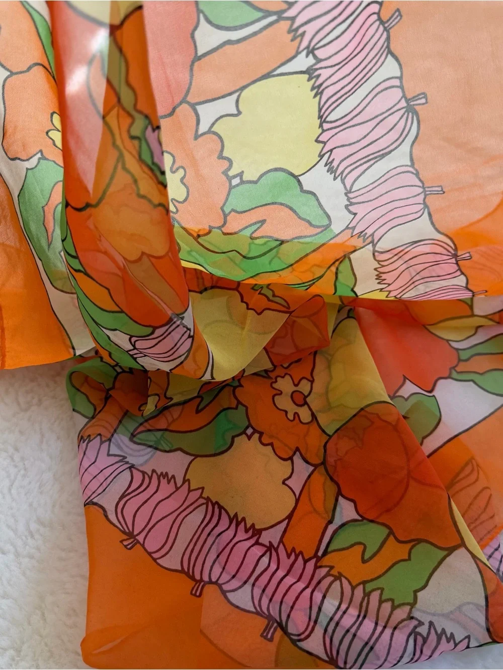 Vintage 1970s Sheer Floral Scarf Orange Flower Power Retro Mod Square